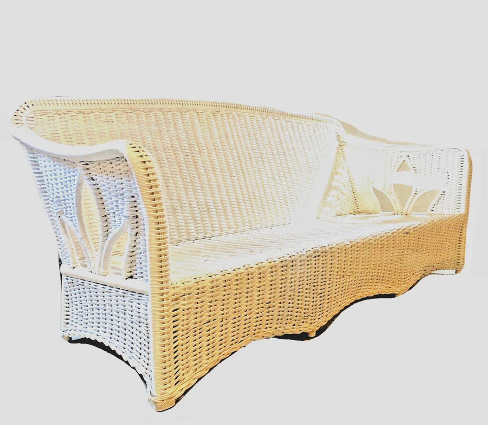 Mid Century Antique Large Rattan Wicker Couch-Lotus Cutouts, Scalloped Bottom - Image 3 of 4