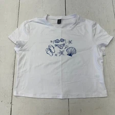 Shein White Blue Beach Graphic Short Sleeve Cropped T Shirt Womens Size XL NEW