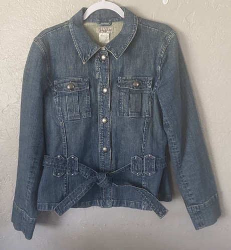 Y2K Belted Denim Jacket Y2K Women’s Sz L Minimalist Grunge VTG Moto - Picture 2 of 12