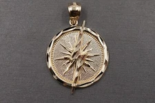14K Solid Yellow Gold 1.25" Diamond Cut Circle Lighting Bolt Charm Pendant.