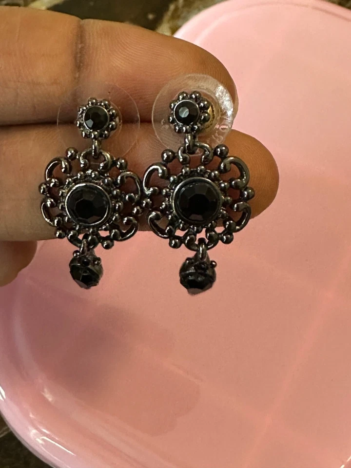 Swarovski Black Crystal Drop Earrings With Intricate SilverTone Filigree Design - Image 4 of 4