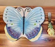 Fitz & Floyd Courtyard Canape Snack Cheese Plate Butterfly With Spreader-EUC