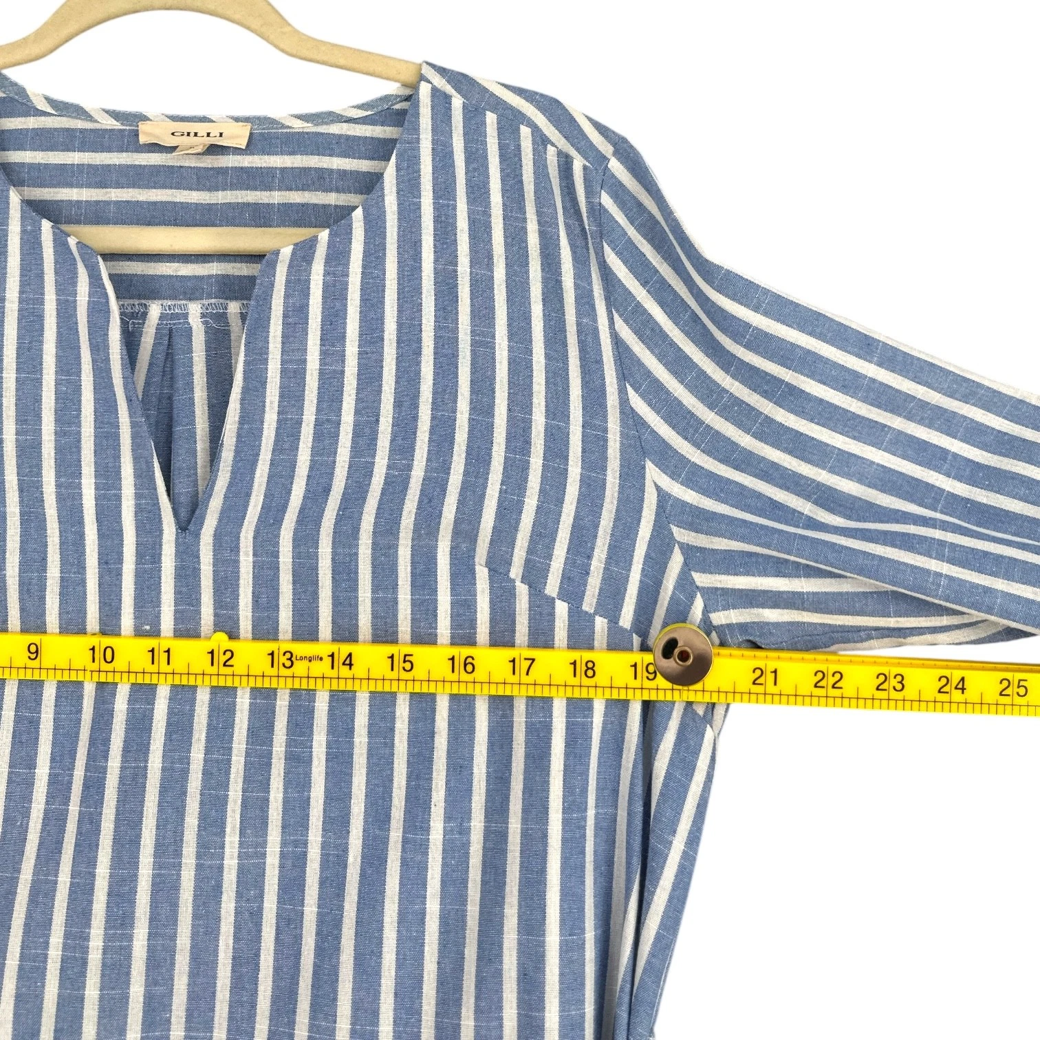 VETEMENTS Abito Gilli blu bianco righe cintura scollo a V maniche 3 4 cotone taglia large