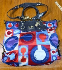 Coach 13253 Madison Op Art Julianne Shoulder Bag Purse Red Blue Purple White