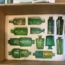 Mini Decorative Glass Bottle Set Green Blue Textured Assorted Shapes Boxed