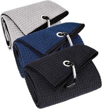3 Pack Large Golf Towels, 16" x 24" Tri-Fold Portable Microfiber Fabric Waffl...
