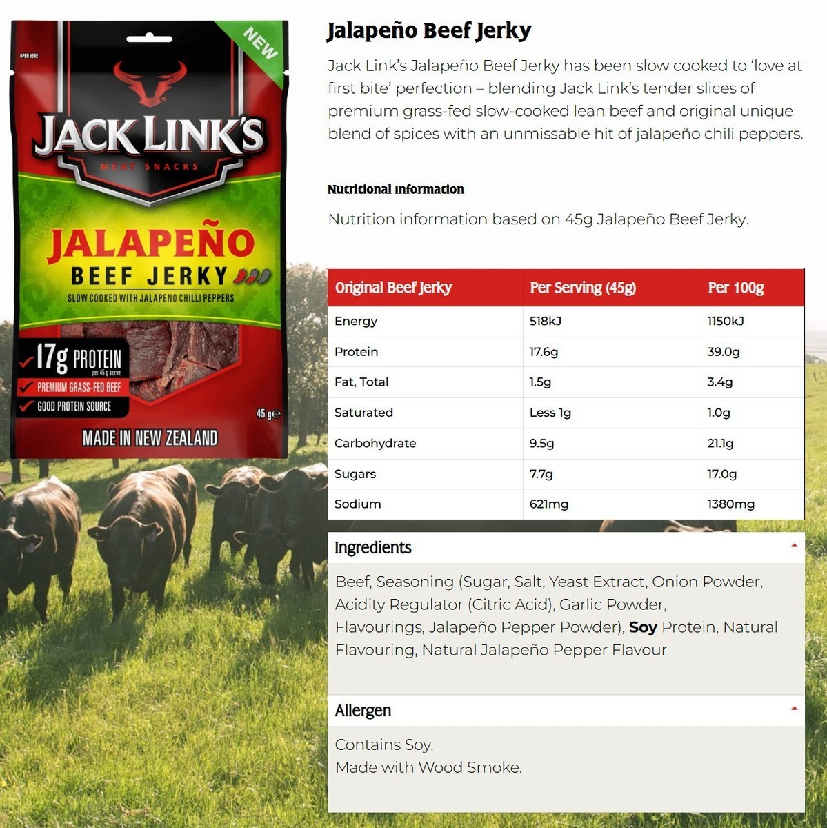 Jack Link's Jalapeno Hot Beef Jerky Premium Grass-Fed Beef Protein