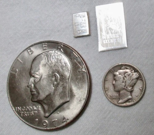 Two One Gram Silver Bars, Silver 1945 micro s Mercury Dime, AU 1974 Eisenhower $