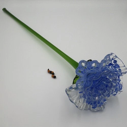 Murano Style Art Glass Blue Flower With Caterpillar Hand Blown Vintage 20” READ