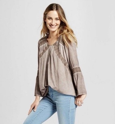 Knox Rose Gray Boho Bell Sleeve Embroidered Blouse M Peasant Earthy Romantic