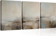 3Pcs Vintage Abstract Landscape Beige and Brown Canvas Wall Art Moody Neutral To