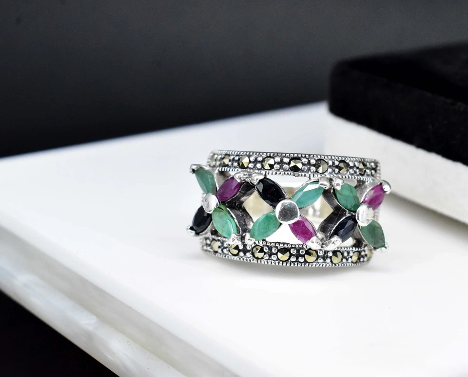 925 Sterling Silver Unheated Natural Emerald Ruby & Sapphire Ring 10.59 GM US 9 - Image 3 of 4