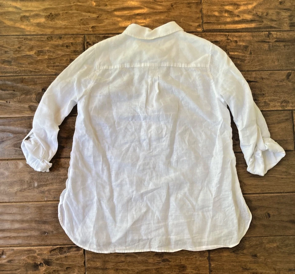 TALBOTS 100% Linen Popover Tunic Top Medium White Side Button Detail Coastal - Image 2 of 4