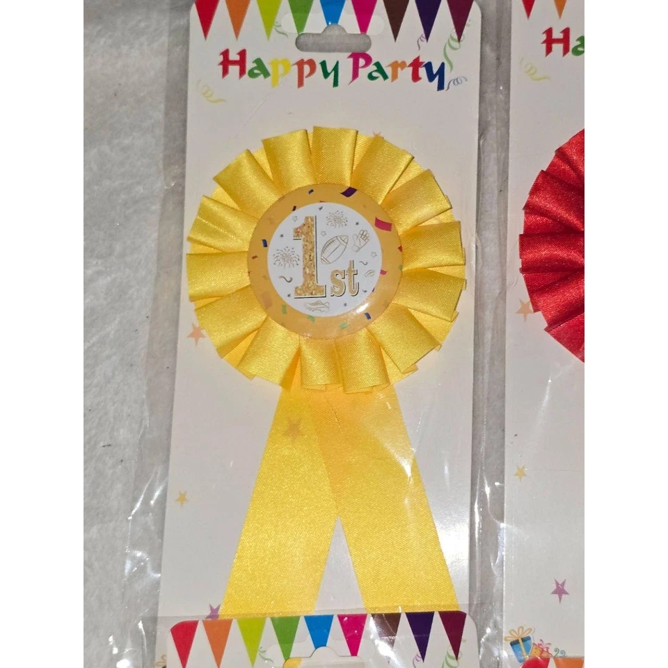 NUEVO Feliz Fiesta Niños Cumpleaños Premio Roseta Cinta 1er Lugar Oro Amarillo Celebra Foto 2 de 4