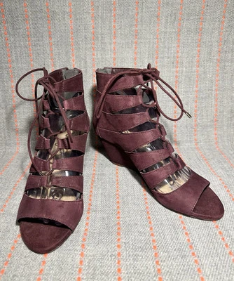 Sam Edelman Womens Santina Sandal Size 8 Burgundy Suede Lace Up Wedge Heel Shoes - Image 1 of 4