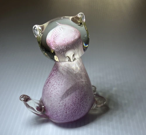 Vintage Art Glass Pink Clear Glass Cat Murano Style Figurine Paperweight