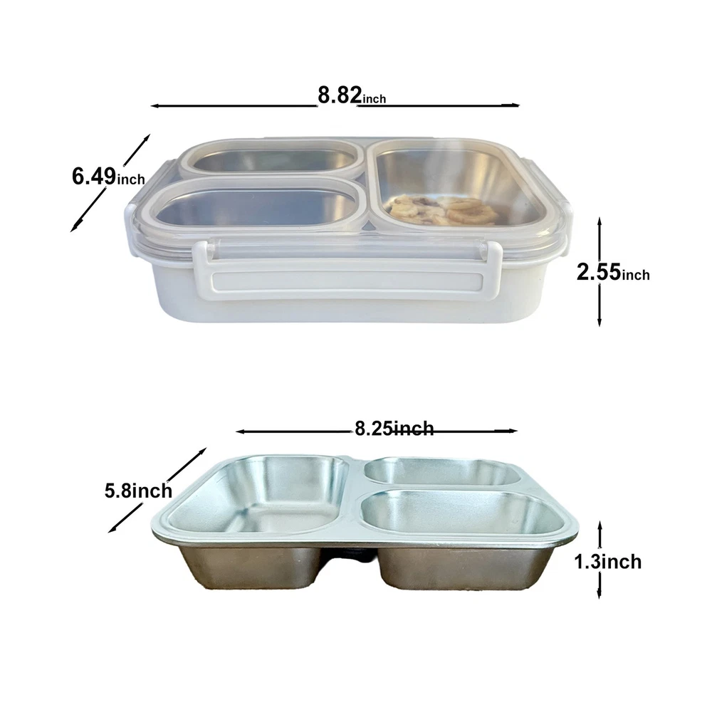 Bento Box Lunch Box Stainless Steel Food Container with 3 Compartments is Sealed