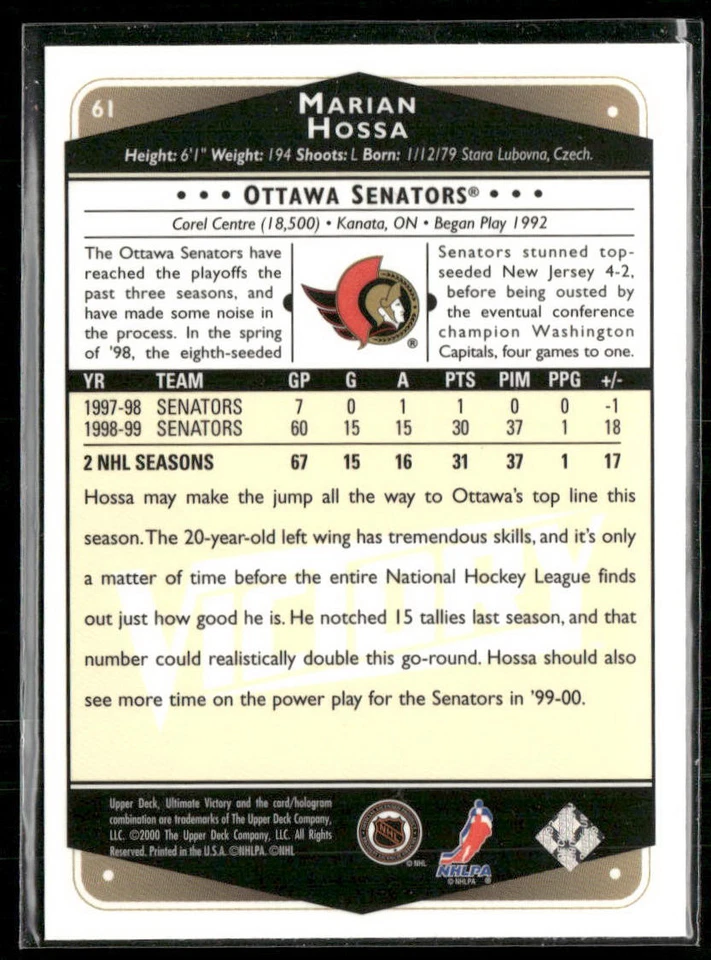 1999-00 Upper Deck Ultimate Victory #61 Marian Hossa Ottawa Senators HOF - Image 2 of 2