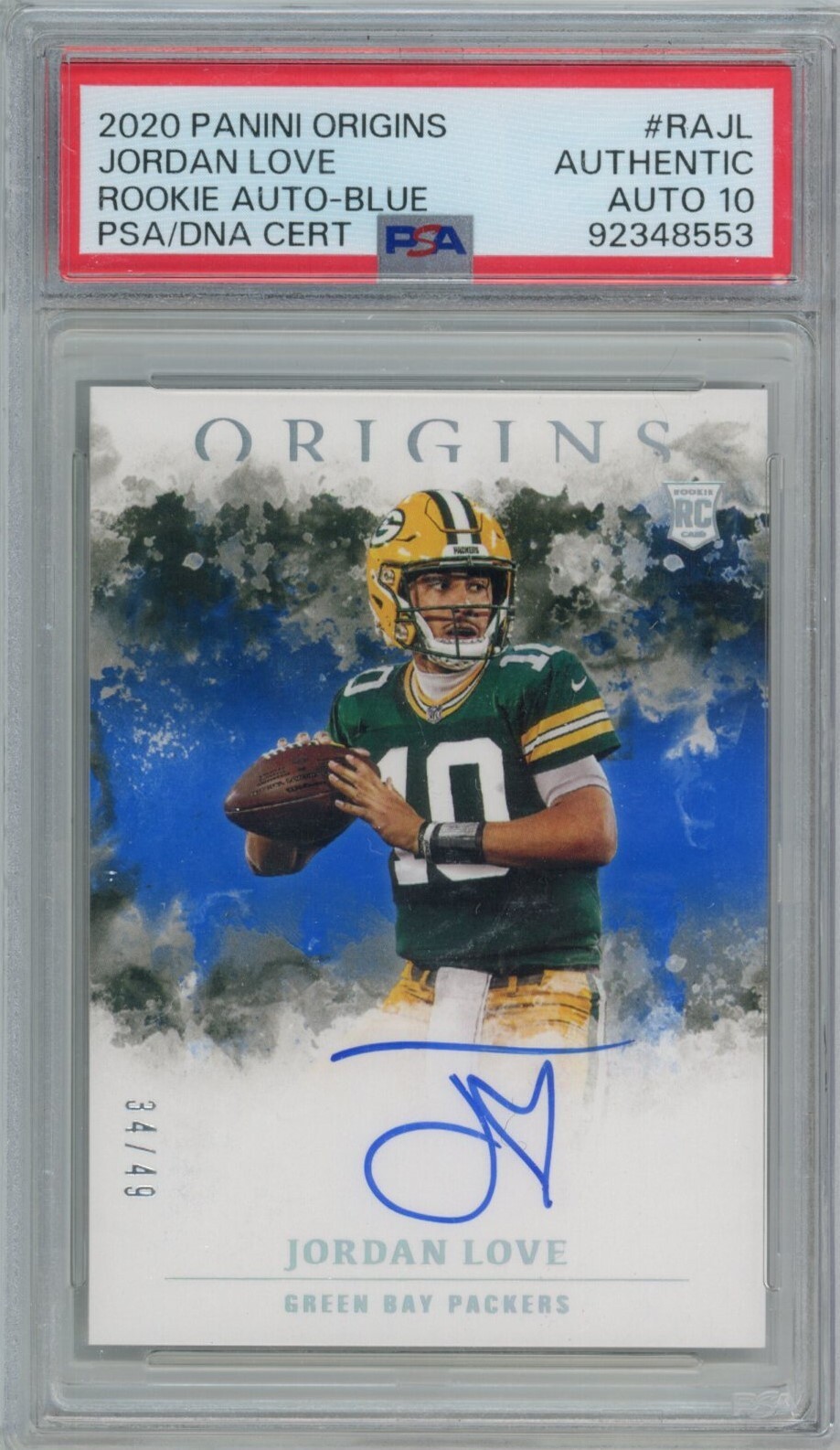 2020 Panini Origins Jordan Love On Card Blue Rookie PSA Auto 10 /49 Packers RC