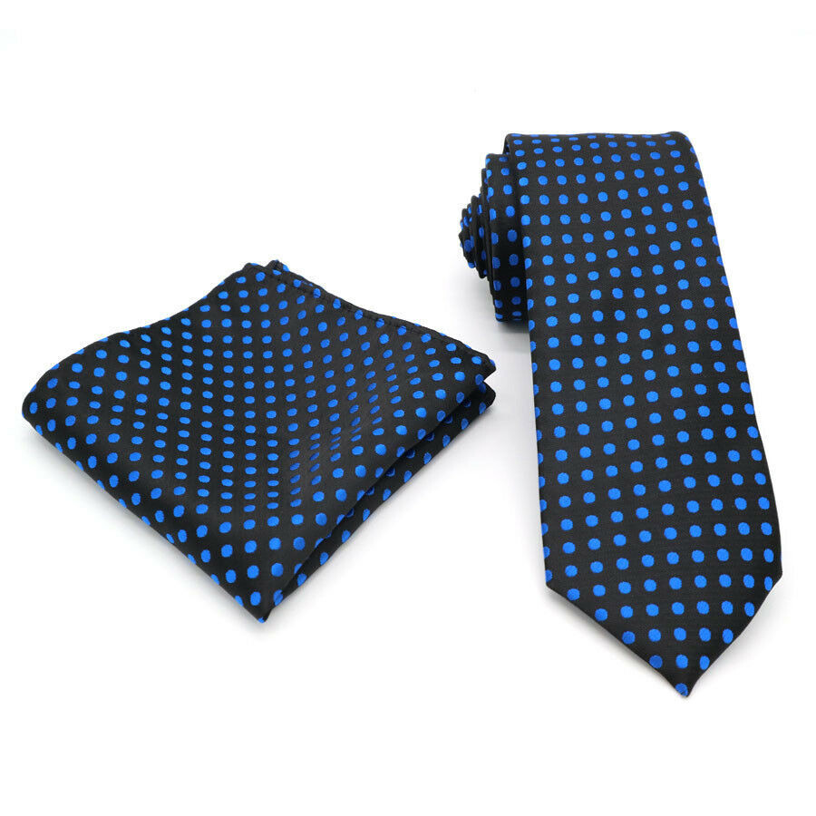 Juego De Corbata Y Pañuelo Negro Azul Con Lunares Hecho A Mano Para Boda