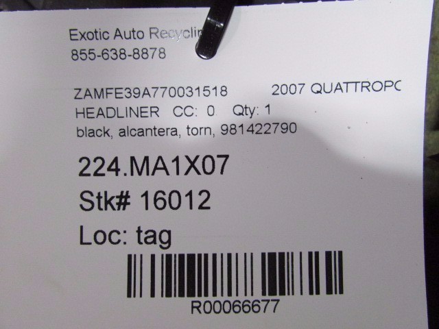 Maserati Quattroporte, Interior Headliner, Black, Alcantera, Used, P/N 981422790