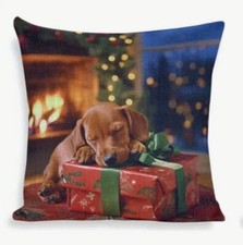 Puppy Santa Holiday Christmas Tree Linen Throw Pillow Cover Holiday Home Decor