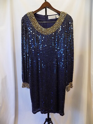 OLEG CASSINI Navy Blue Gold Silk Dress W/Beads Sequin Sz (68)