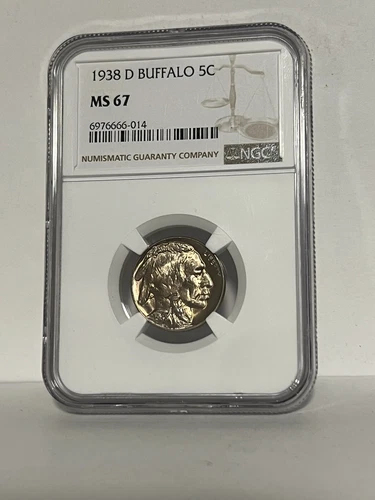 Buffalo Nickel: 1938 D.  BU!  NGC MS 67