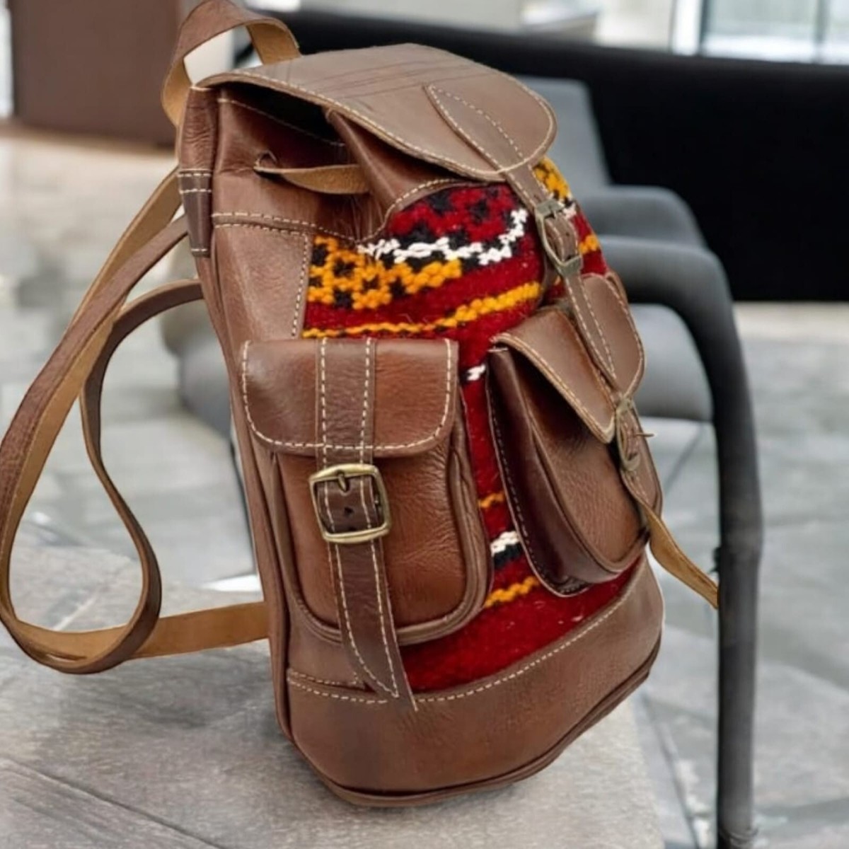 Kilim Woven Tapestry Drawstring Bucket Bag Boho‎ Hippie Backpack Purse Kilim Art bucket bag! $125 main image 2