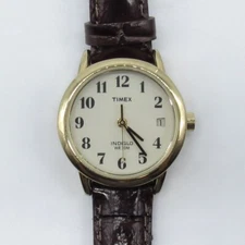 Timex Indiglo Women Watch 25mm Round Dial Gold Tone Brown Leather Band, Runs