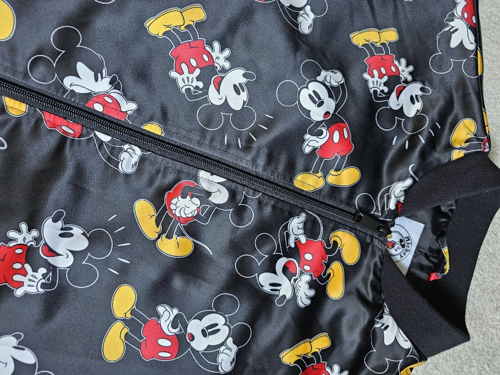 Disney Mickey & Co Bomber Jacket XS Mickey Mouse Print Black Oversized Zippered