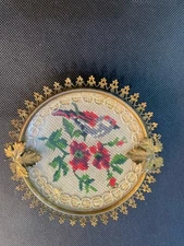 Vtg Ladies Cigarette Ashtray Brass Petit Point Embroidery Bird Flower Vanity HTF