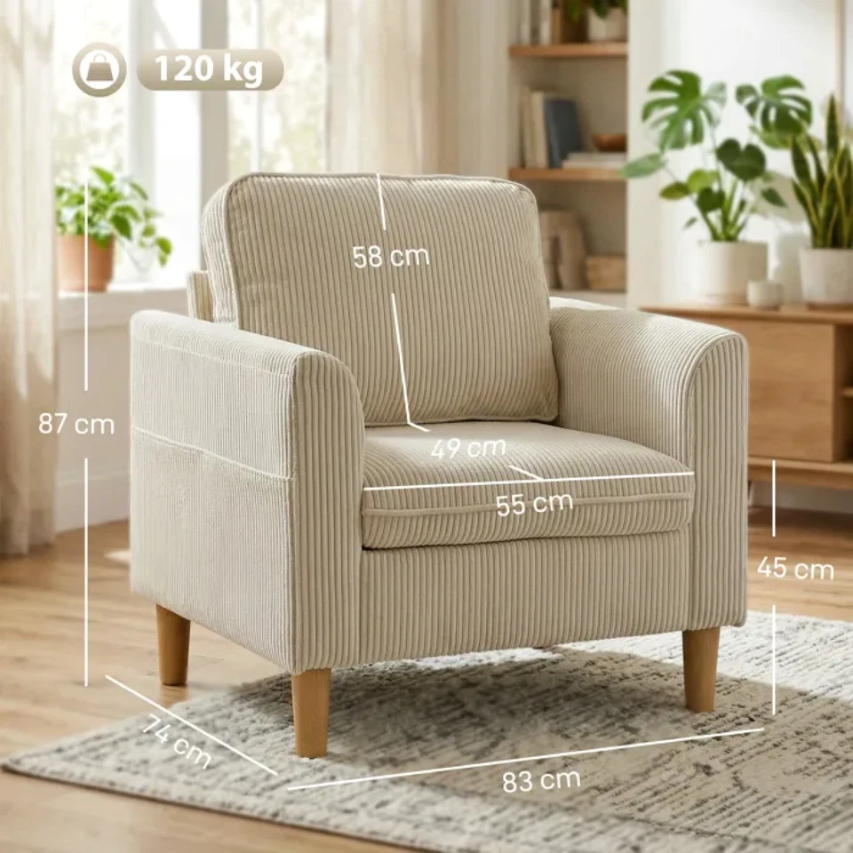 HOMCOM Fauteuil Salon Velours Côtelé Beige Rembourré Ressorts 83x74x87cm - Photo 4/4