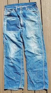 VINTAGE 50s SANFORIZED CARPENTER DENIM JEANS WORKWEAR FARM DISTRESSED PATCHED
