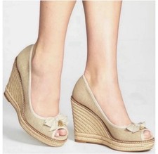 Tory Burch Jackie Espadrille Peep Toe Wedge Shoes Women 8 Tan Linen Beige Canvas