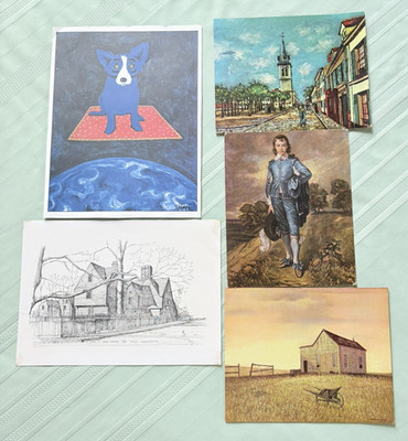 5 prints of famous paintings - ''Blue Dog'', ''Blue Boy'', ''La Banlieu'', & more
