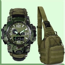 SLing Bag+ survival military Watch waterproof compass,fire start,whistle+Gift Bx