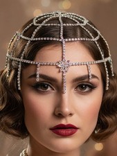 Rhinestone Flapper Cap Headband Silver Crystal Mesh Gatsby Headpiece Fringe