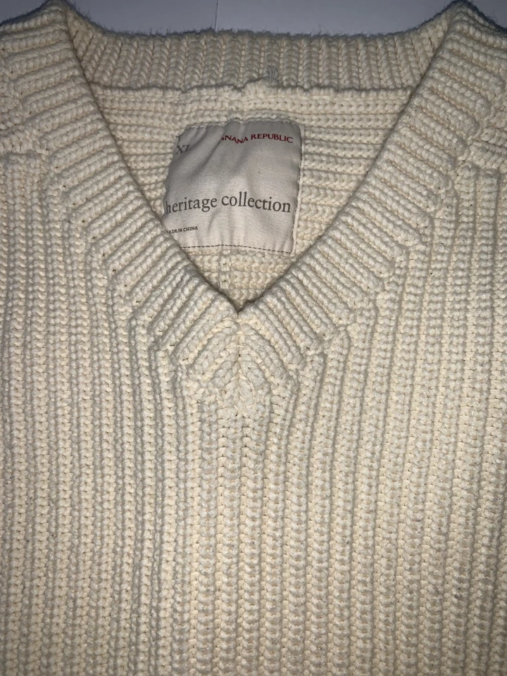 Suéter tejido cuello en V Banana Republic Heritage Collection algodón marfil para hombre XL Foto 3 de 4