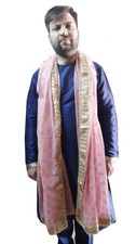 Men Dupatta Indian Handmade Silk Wedding Pink Groom Stole Traditional Scarves