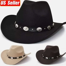Western Cowboy Cowgirl Hat Silver Strap Men Women Retro Wide Brim Adjustable USA
