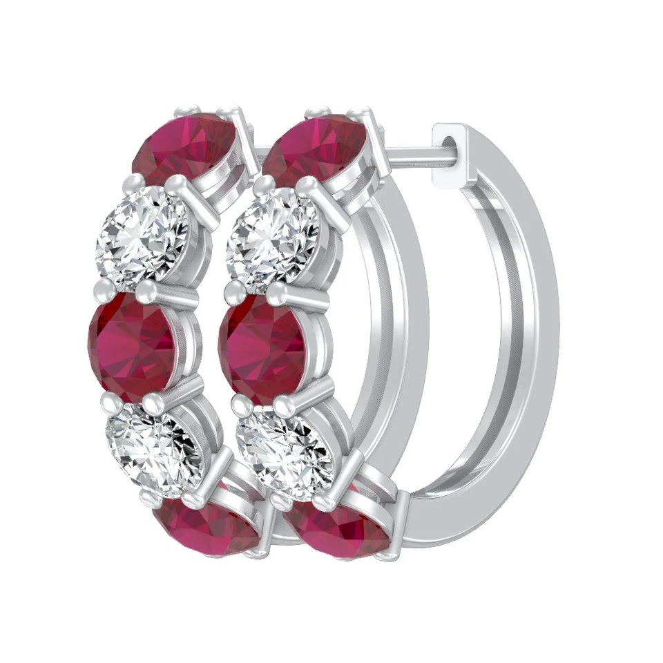 Natural Ruby & Lab Grown Lab Grown Diamond 14K White Gold Hoop Earrings - Image 2 of 4