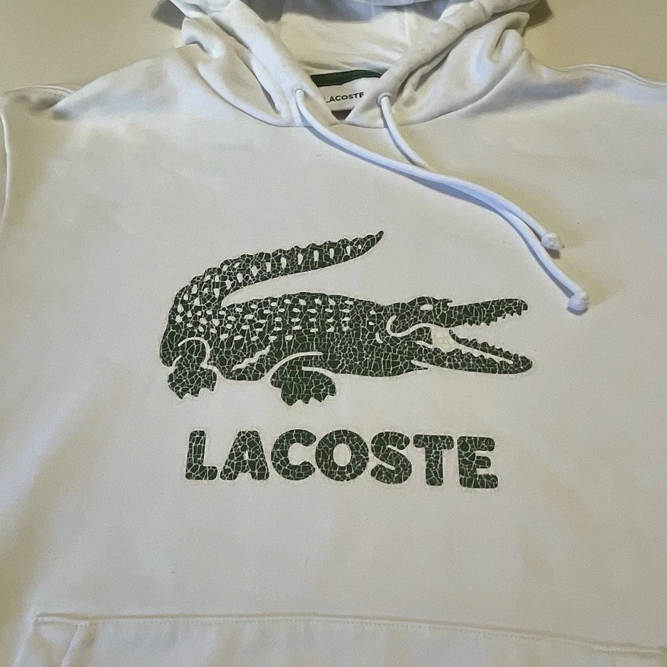 Sudadera con capucha de felpa francesa blanca verde con logotipo estampado agrietado L de Lacoste para hombre Foto 4 de 4