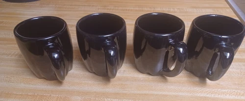 Frankoma Pottery USA made Glossy Black Onyx Coffee Mugs a Set of 4 Retro Vintage