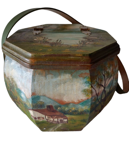 Vintage Wooden Hand Painted Cottage Mountains Octagonal Box Tote Purse Juka 80