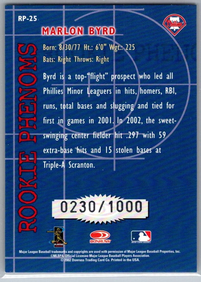 2002 Donruss The Rookies Rookie Phenoms /1000 Marlon Byrd #RP-25 Philies - Image 2 of 2