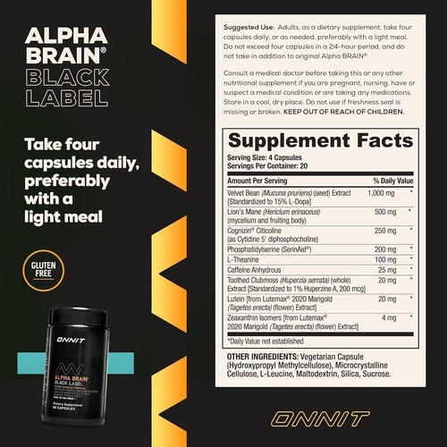 ONNIT Alpha Brain Black Label Capsule (80Ct) Premium Citicoline Brain Supplement - Picture 3 of 7