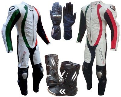 Tuta Moto Intera In Pelle Stivali e Guanti Kiti CE Taglia S M L XL