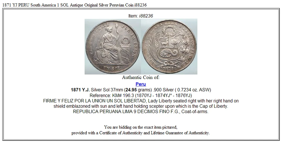 Moneda peruana antigua de plata original 1871 YJ PERU Sudamérica 1 SOL i88236 Foto 3 de 3