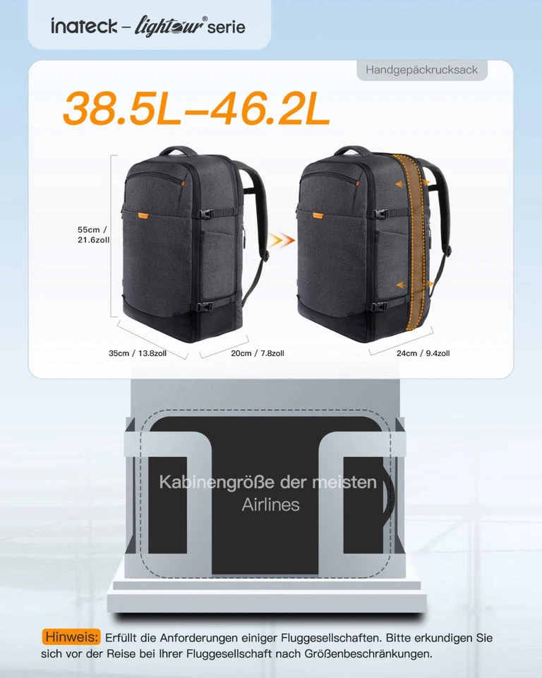 Inateck 38-46L Reiserucksack, erweiterbarer Tragerucksack 15.6'' Laptop Rucksack - Bild 2 von 4